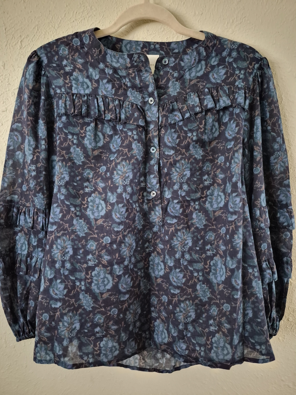 Anthropologie Sundays Blue Floral Ruffle-Trim Peasant Blouse Size M